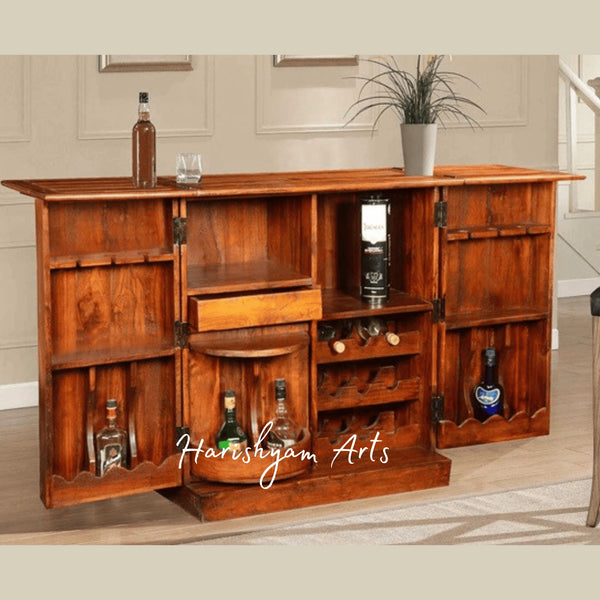 Wooden Bar Cabinet with Rotating Tray and Multi-Shelf Storage