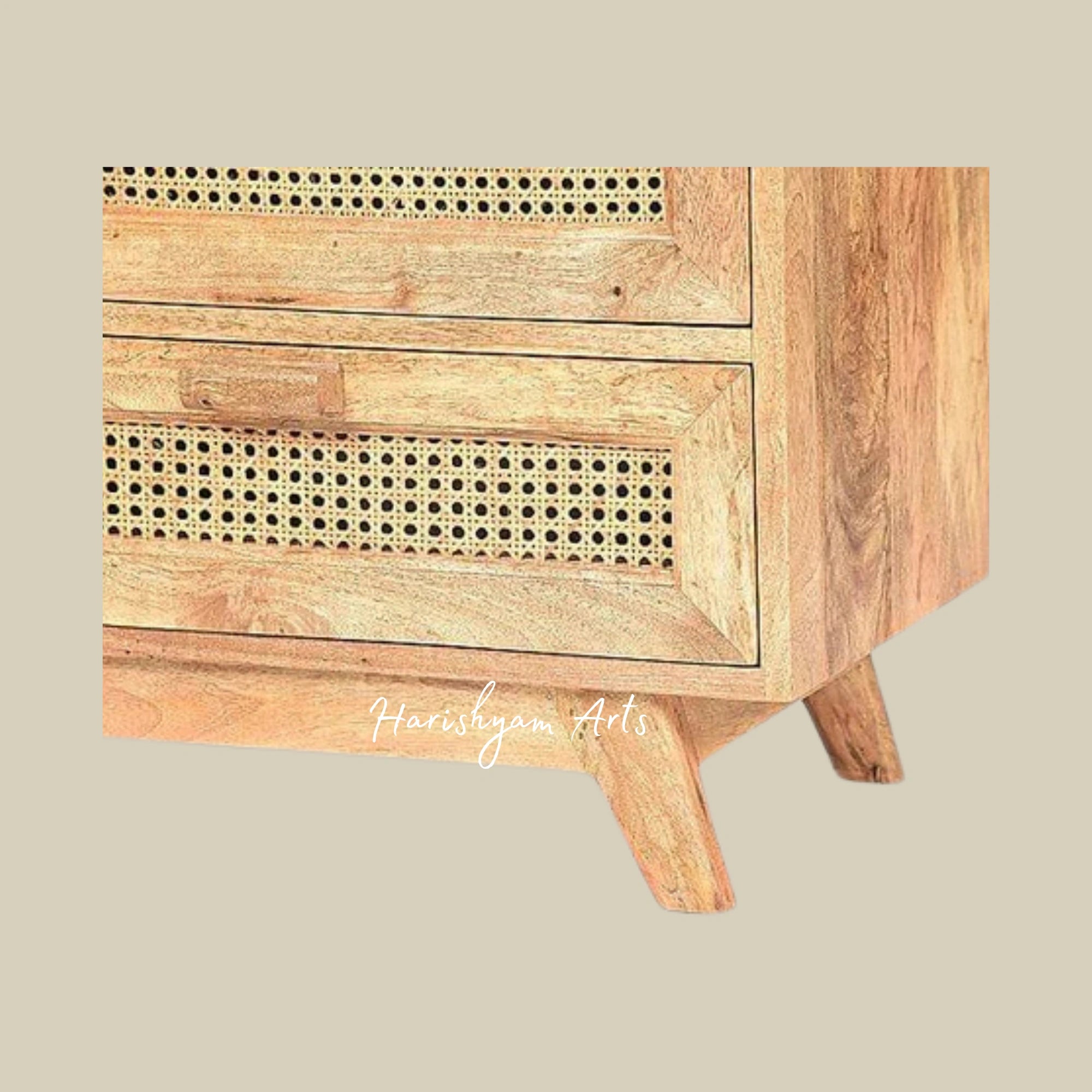 Wooden Bedside Table Featuring Rattan Accents