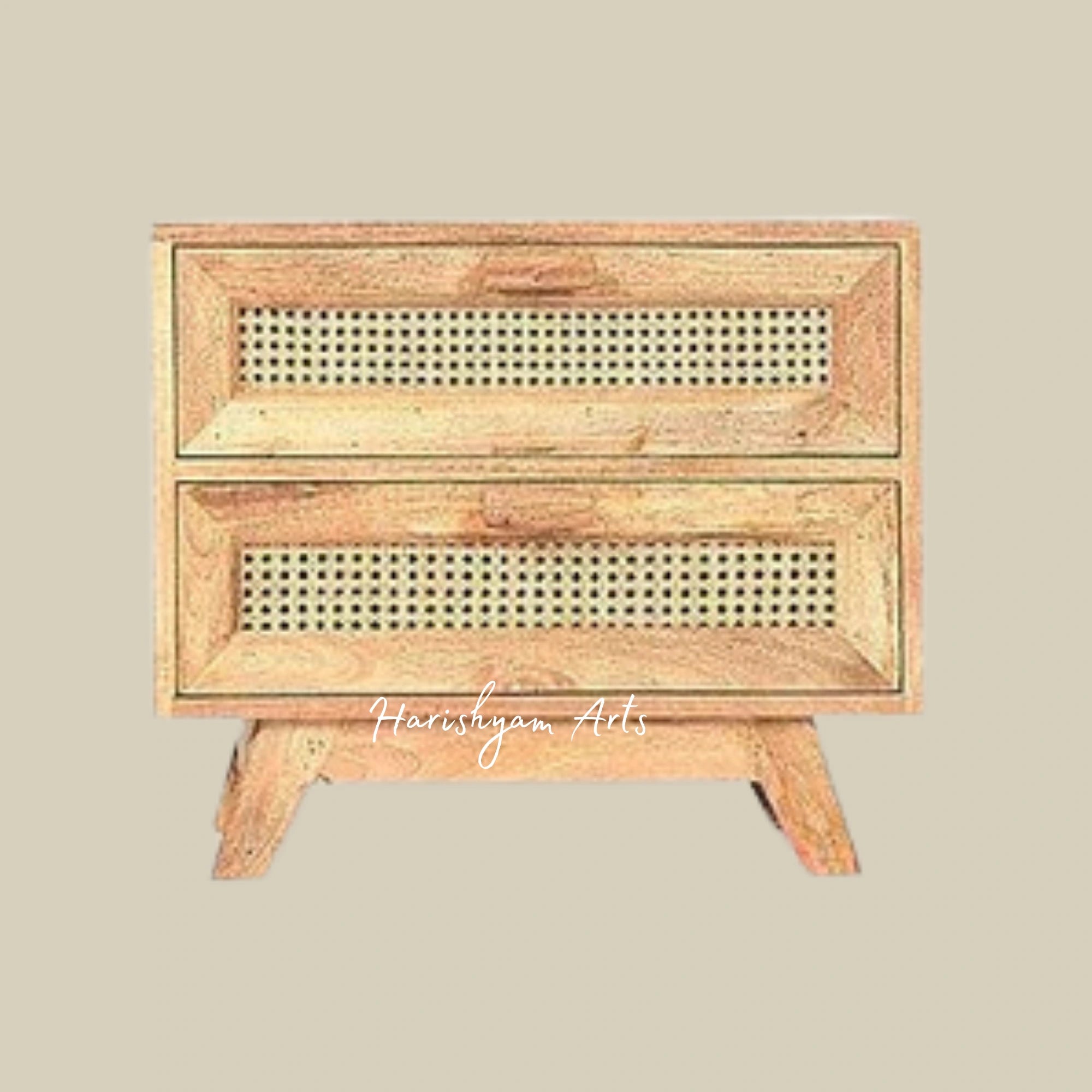 Wooden Bedside Table Featuring Rattan Accents