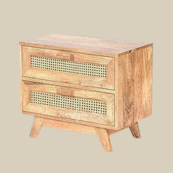 Wooden Bedside Table Featuring Rattan Accents