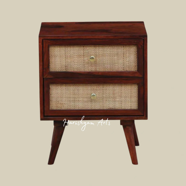 Wooden Bedside Table with Rattan-Style Drawer