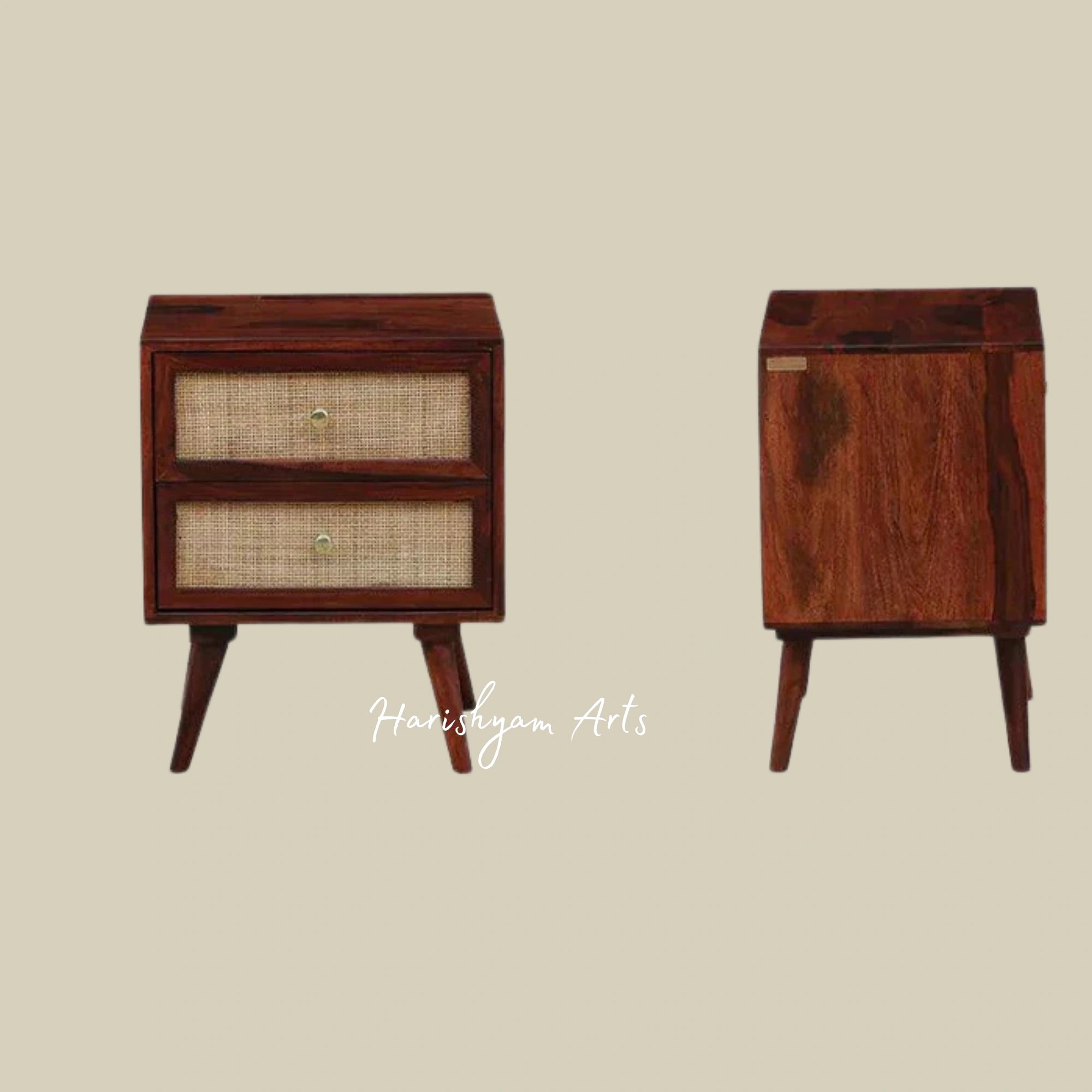 Wooden Bedside Table with Rattan-Style Drawer