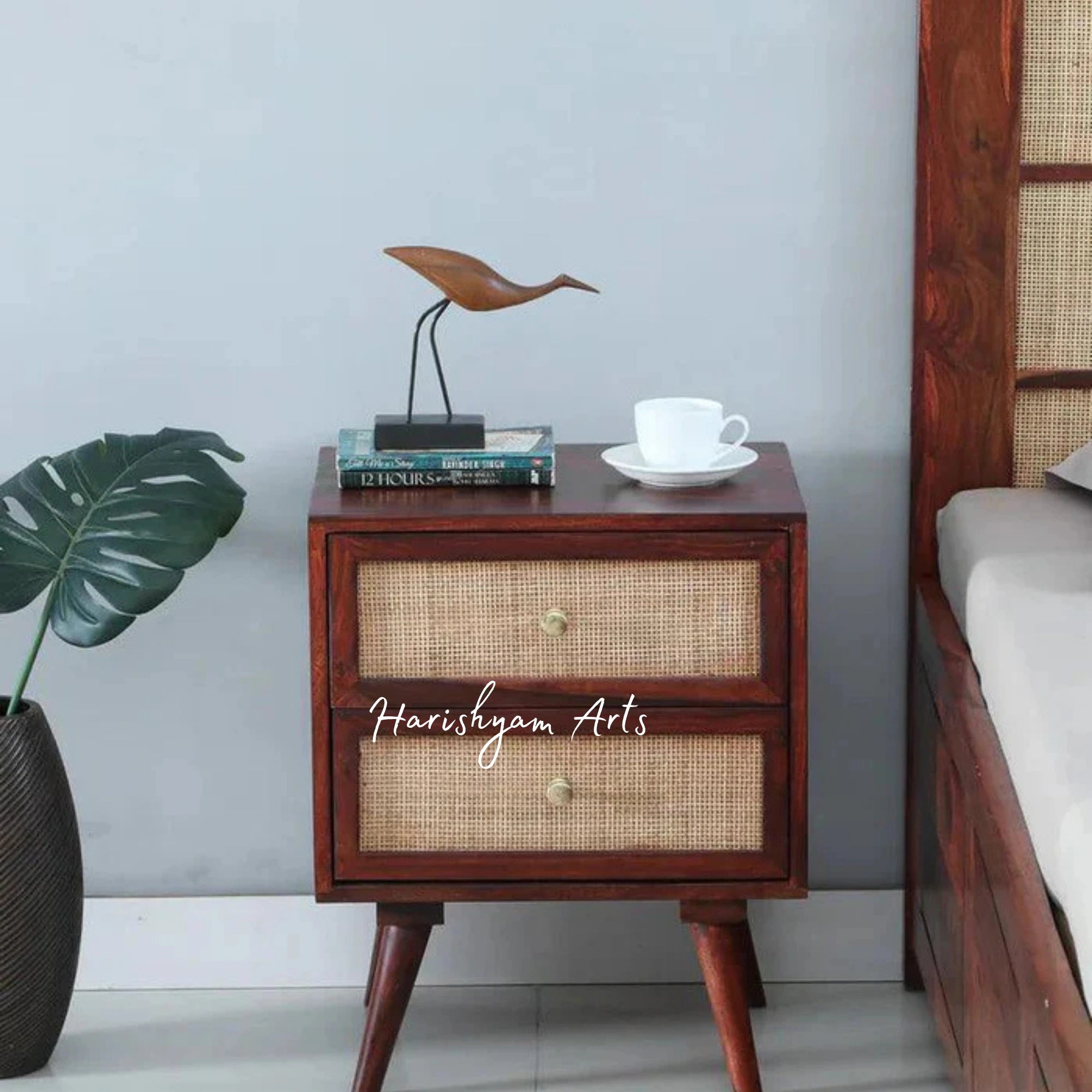 Wooden Bedside Table with Rattan-Style Drawer