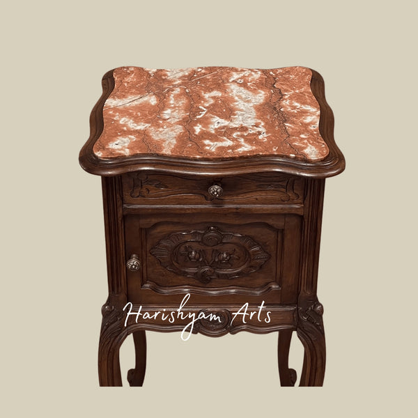 Wooden Nightstand with Carved Details and Vintage Storage