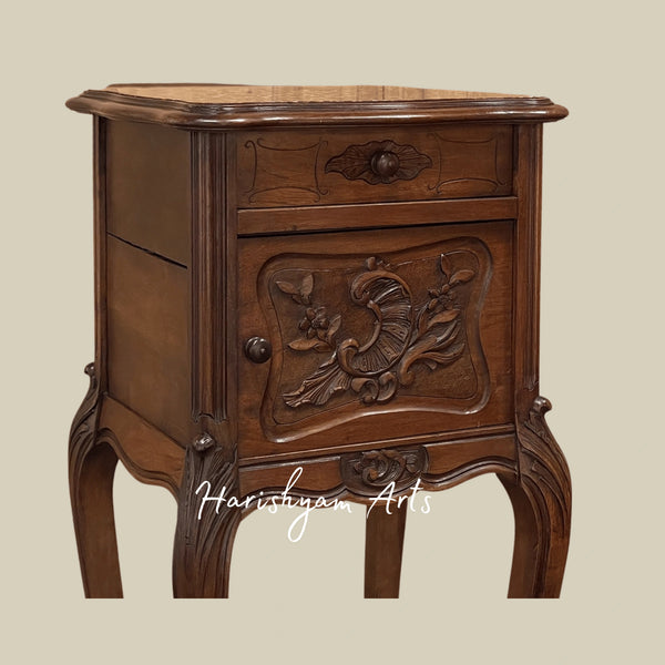 Wooden Nightstand with Carved Details and Vintage Storage