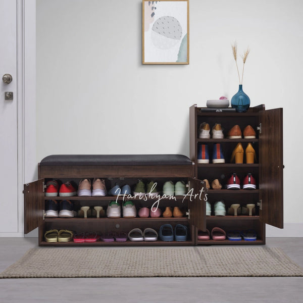 Wooden Shoe Rack with Cushioned Seating & Storage Combo