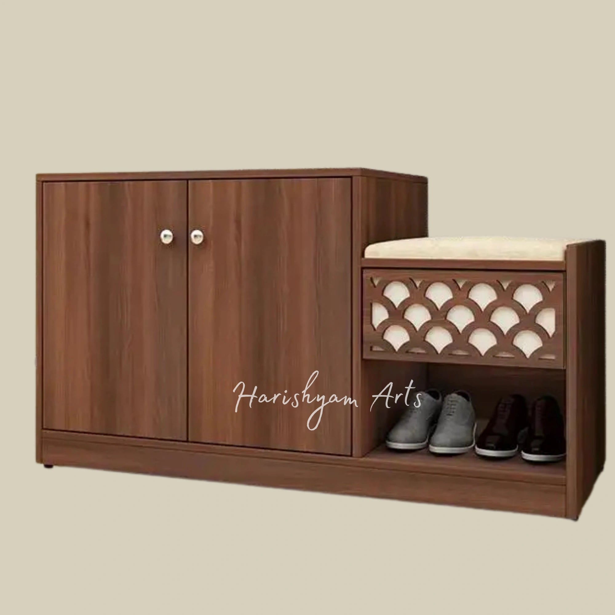 Wooden Shoe Rack with Seating & Dual Door Storage in Melamine Finish