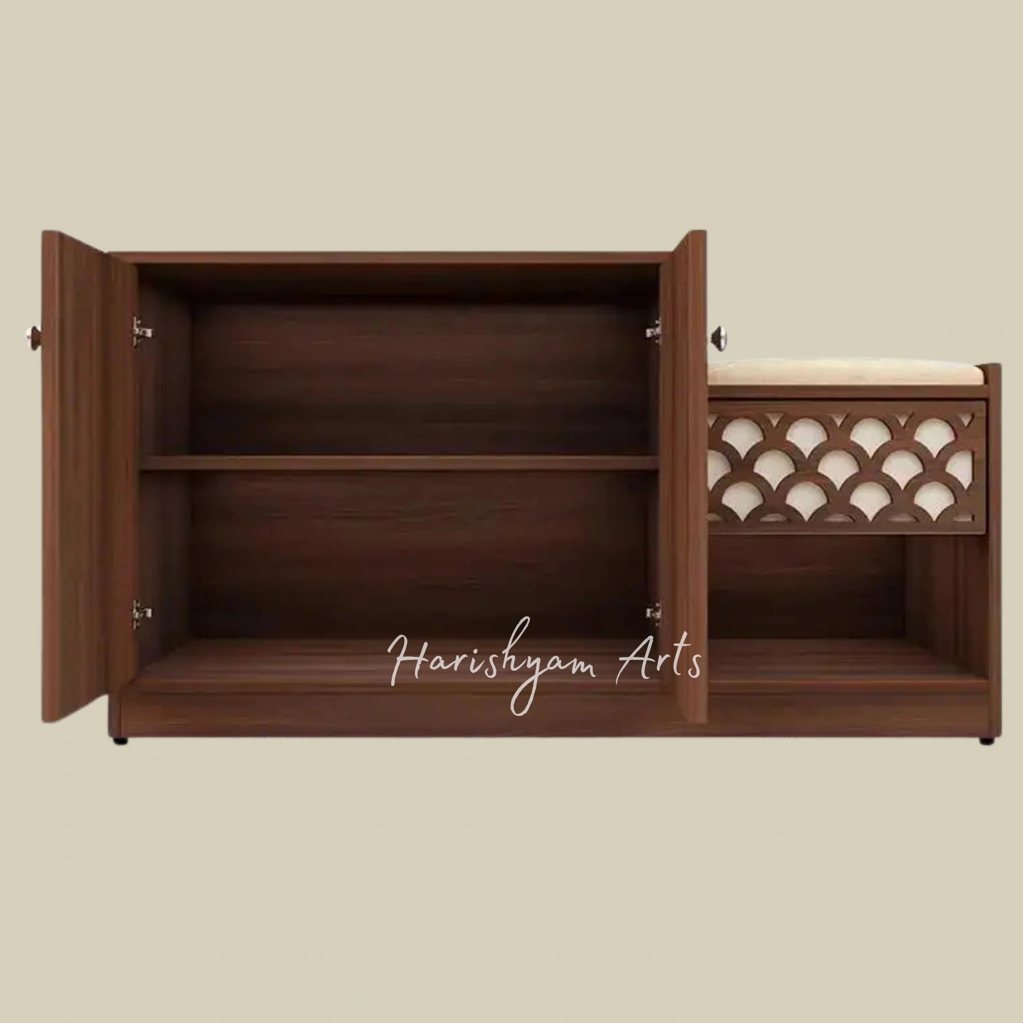 Wooden Shoe Rack with Seating & Dual Door Storage in Melamine Finish4