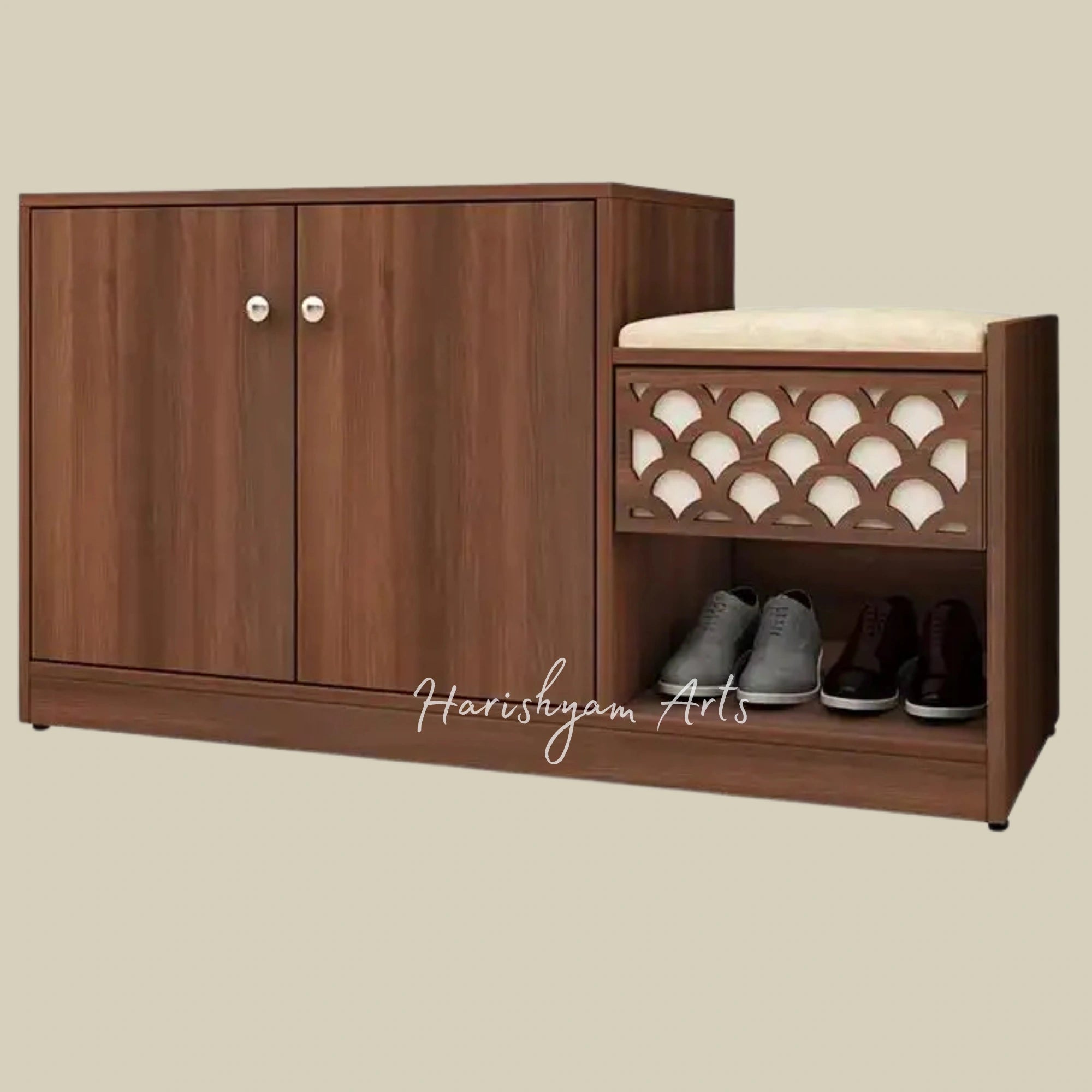 Wooden Shoe Rack with Seating & Dual Door Storage in Melamine Finish5