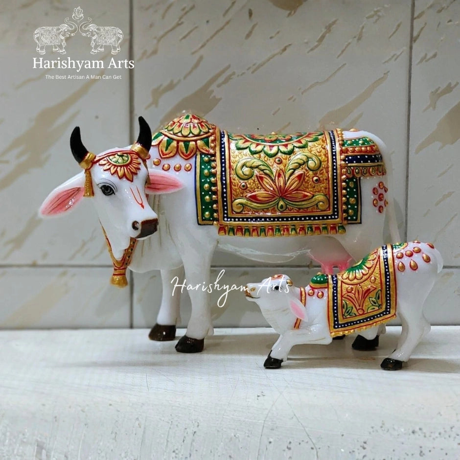 Handcrafted Marble Cow with Calf Statues in UAE