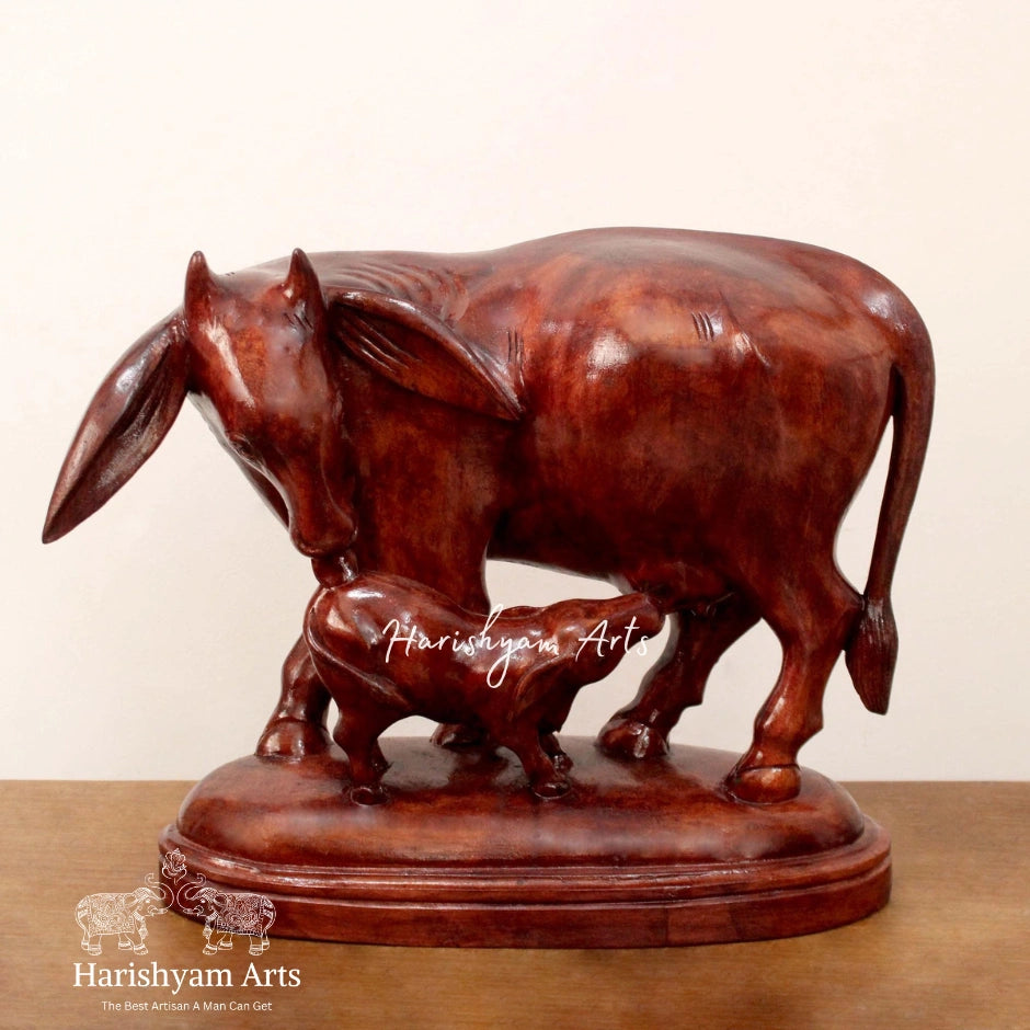Artistic Wooden Cow with Calf Showpieces in UAE